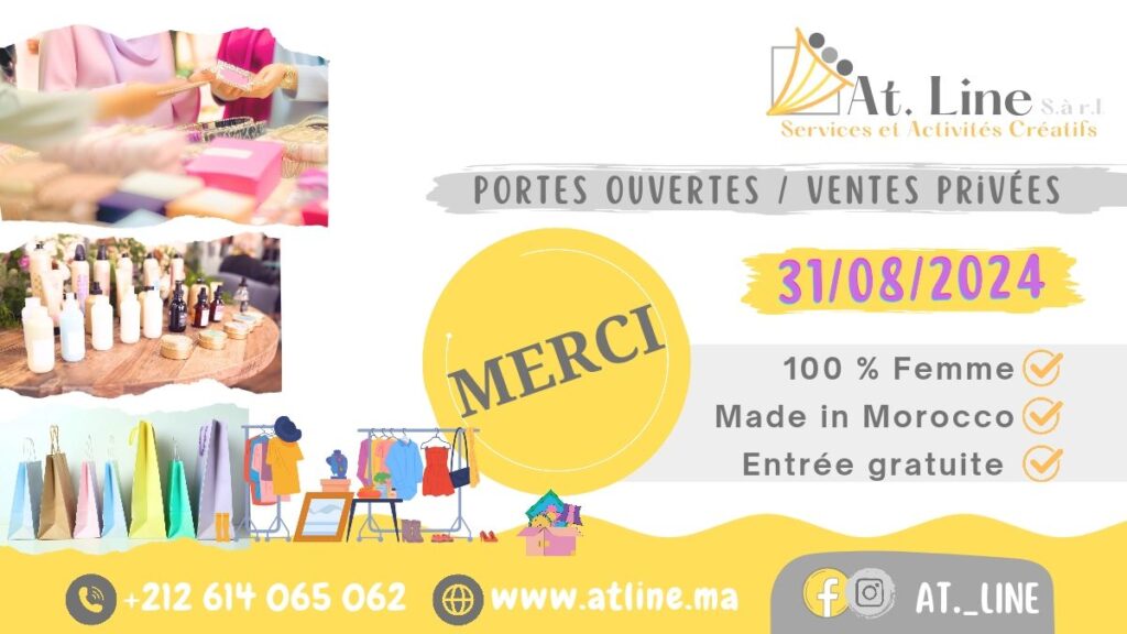 Barakallahu fikoum à celles qui ont participé directement ou indirectement, de près ou de loin, à notre porte ouverte et vente privée chez At. Line le 31 août 2024. Vous avez été nombreuses à venir découvrir notre nouveau centre et nos activités pour l’année 2024/2025, ainsi que soutenir nos chaleureuses exposantes. Votre présence a contribué à rendre cet événement agréable et convivial. Nous espérons que vous avez passé un moment inoubliable lors de cette vente privée chez At. Line !